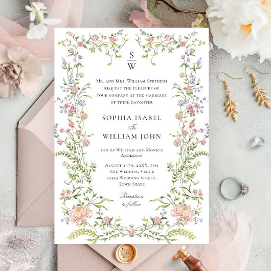 Grace Pastel Blush Bloemen Bruiloft Kaart