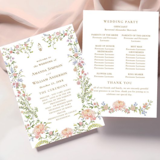  Grace Pastel Blush Bloemen Trouwceremonie Programmakaart