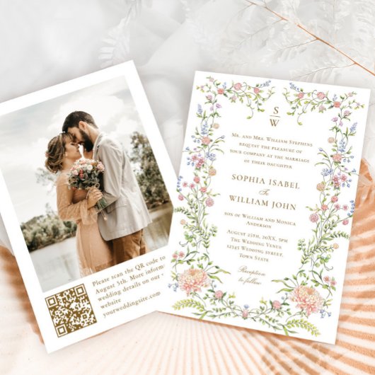 Grace Pastel Blush Bloemen Trouwfoto Kaart