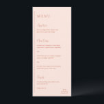Grace Peach Modern Wedding Menu<br><div class="desc">Modern huwelijksmenu met een eenvoudig en minimaal geometrisch ontwerp met een verticale lijn langs de linkerkant met uw menu in linker uitlijning. De headers zijn in een handschrift script voor een elegante touch. In de rechterbenedenhoek bevindt zich uw monogram van twee initialen over een kleine horizontale lijn. Het kleurenpalet kan...</div>