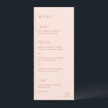 Grace Peach Modern Wedding Menu<br><div class="desc">Modern huwelijksmenu met een eenvoudig en minimaal geometrisch ontwerp met een verticale lijn langs de linkerkant met uw menu in linker uitlijning. De headers zijn in een handschrift script voor een elegante touch. In de rechterbenedenhoek bevindt zich uw monogram van twee initialen over een kleine horizontale lijn. Het kleurenpalet kan...</div>