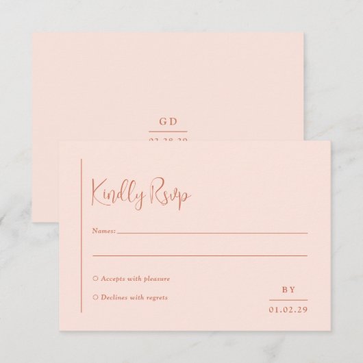 Grace Peach Modern Wedding RSVP Kaartje (Voorkant / Achterkant)