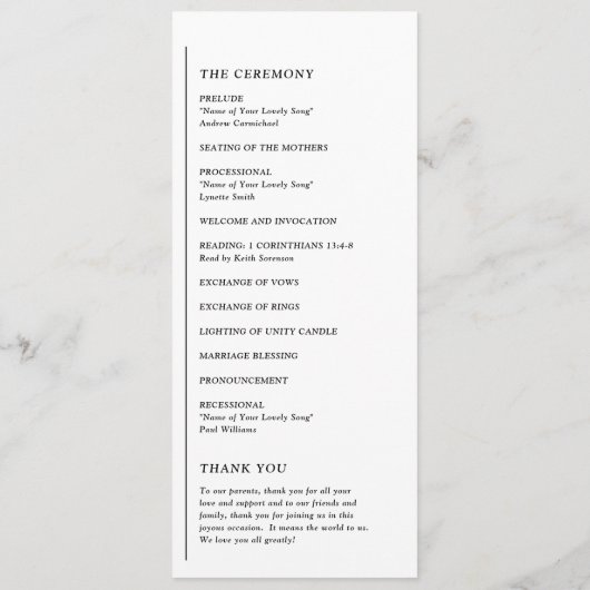 Grace Zwart-wit moderne bruiloft Programmakaart (Achterkant)