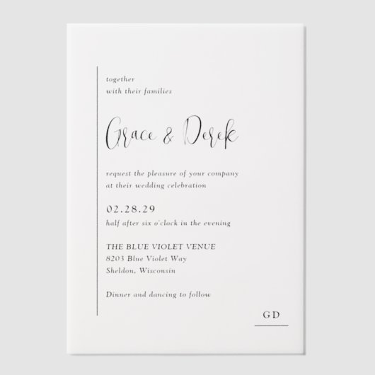 Grace Zwart-wit moderne bruiloft Vellum Uitnodigingen (Voorkant)