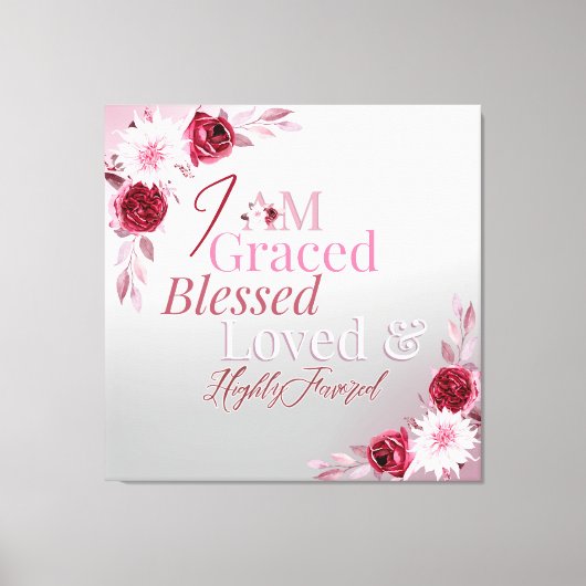 Graced Blessed Loved Favored Pink Floral Art Canvas Afdruk (Voorkant)