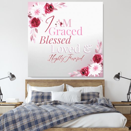Graced Blessed Loved Favored Pink Floral Art Canvas Afdruk (Insitu (Slaapkamer))