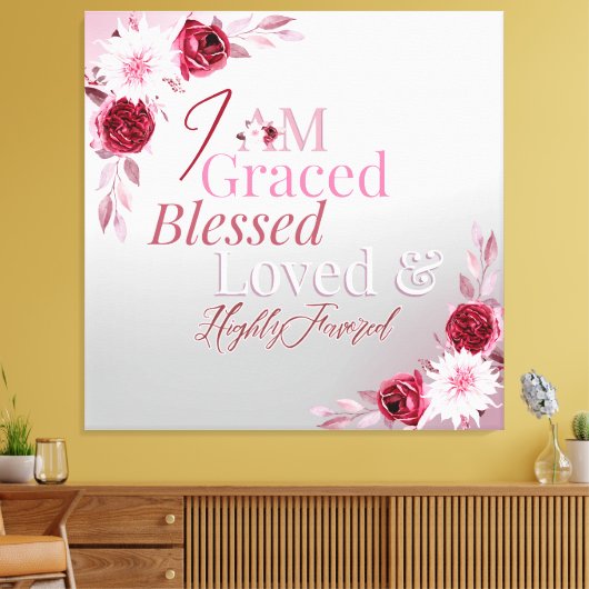 Graced Blessed Loved Favored Pink Floral Art Canvas Afdruk (Insitu (Woonkamer))