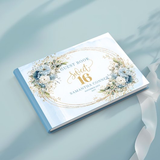 Gracefilled Dusty Blue Floral Sweet 16 Guest Book Gastenboek