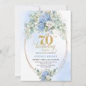Graceful 70th Birthday Blue Hydrangea Gold Invite Kaart (Voorkant)
