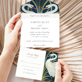 Graceful Art Deco Swan All-in-One Tear-Away RSVP All In One Uitnodiging