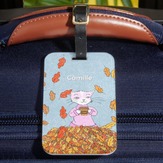 Graceful Autumn Cat with Leaves Luggage Tag Bagagelabel (Voorkant Insitu 2)