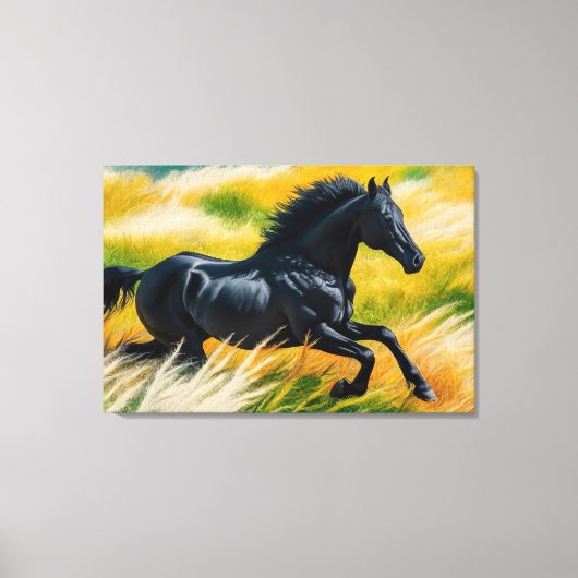 Graceful Black Horse Galloping in een levendig vel Canvas Afdruk (Voorkant)
