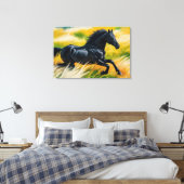 Graceful Black Horse Galloping in een levendig vel Canvas Afdruk (Insitu (Slaapkamer))