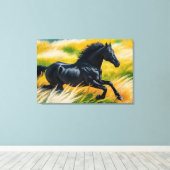 Graceful Black Horse Galloping in een levendig vel Canvas Afdruk (Insitu (Houten vloer))