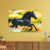 Graceful Black Horse Galloping in een levendig vel Canvas Afdruk (Insitu (Woonkamer))