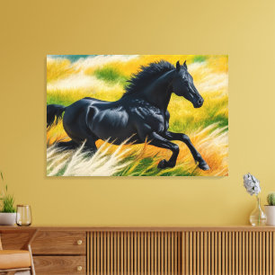 Graceful Black Horse Galloping in een levendig vel Canvas Afdruk
