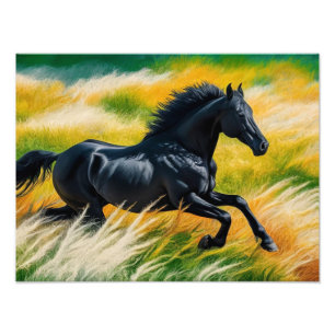Graceful Black Horse Galloping in een levendig vel Foto Afdruk
