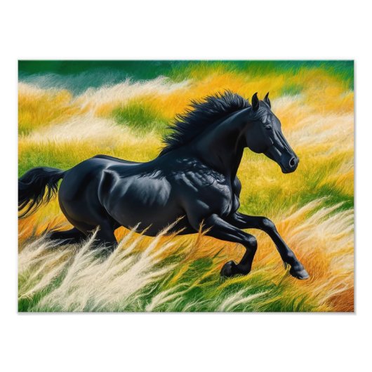 Graceful Black Horse Galloping in een levendig vel Foto Afdruk (Voorkant)