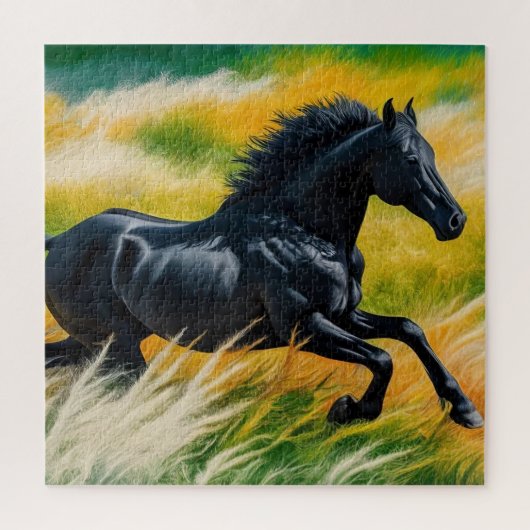Graceful Black Horse Galloping in een levendig vel Legpuzzel (Verticaal)