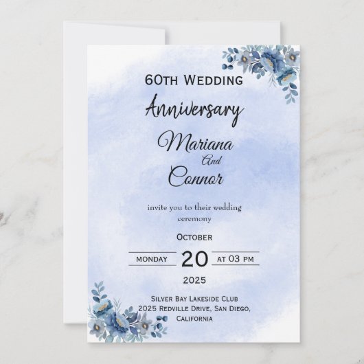 Graceful Blue Floral Wedding Anniversary Invitatio Kaart (Voorkant)