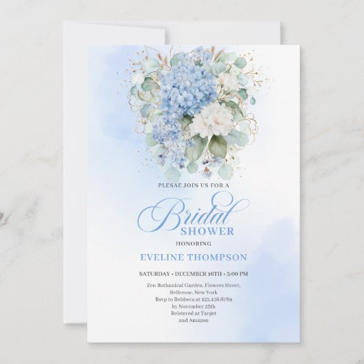 Graceful Blue Hydrangea Bridal Shower Invitation Kaart (Voorkant)