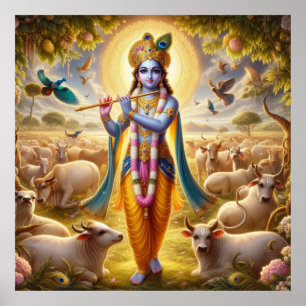 Graceful Blue Pastoral Gopala Krishna Art Design Poster