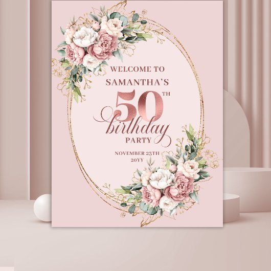 Graceful Blush Floral Greenery 50th Birthday Backd Wandkleed