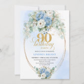 Graceful Bohemian Blue Floral 90th Birthday Invite Kaart (Voorkant)