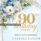 Graceful Bohemian Blue White Floral 90th Birthday Kaart