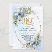 Graceful Bohemian Blue White Floral 90th Birthday Kaart (Voorkant)