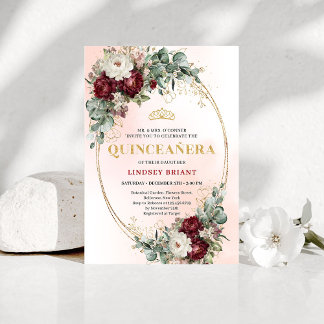 Graceful Bohemian Burgundy Peonies Quince Invite Kaart