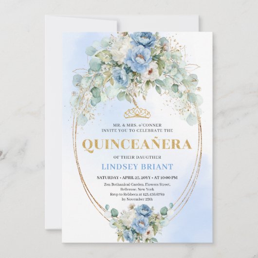 Graceful Boho Blue Peonies Eucalyptus Quinceañera Kaart (Voorkant)