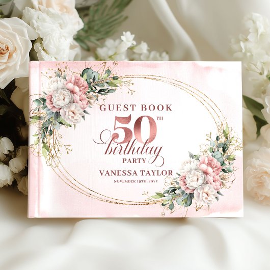 Graceful Botanical Rose Gold 50th Birthday Book Gastenboek