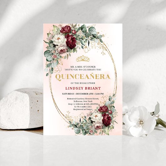Graceful Burgundy Peonies Eucalyptus Quince Invite Kaart