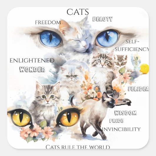 Graceful Cats Waterverf Art Typografie Vierkante Sticker (Voorkant)