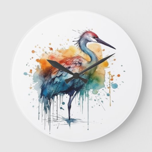 Graceful Crane: Waterverf Art Grote Klok (Voorkant)