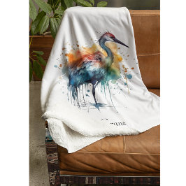 Graceful Crane: Waterverf Art, op maat Fleece Deken