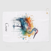 Graceful Crane: Waterverf Art, op maat Golfhanddoek (Horizontaal)