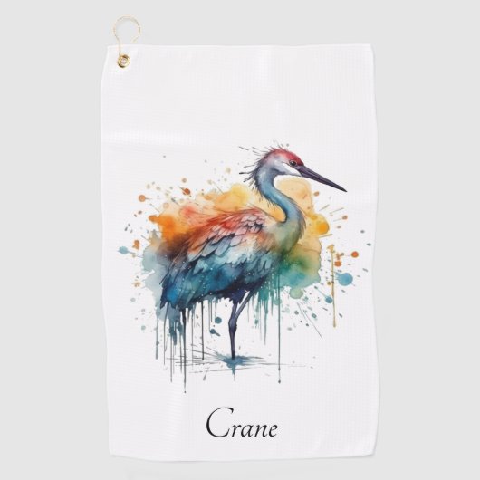 Graceful Crane: Waterverf Art, op maat Golfhanddoek (Voorkant)