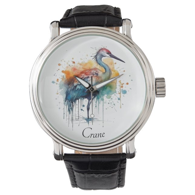 Graceful Crane: Waterverf Art, op maat Horloge (Voorkant)