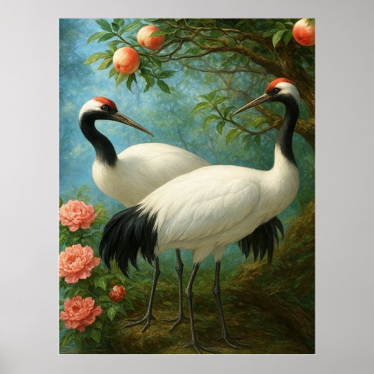 Graceful Cranes in a Peach Blossom Garden Poster (Voorkant)