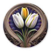 Graceful Curves: Witte Tulp in Art Nouveau Design Keramische Knop (Voorkant)