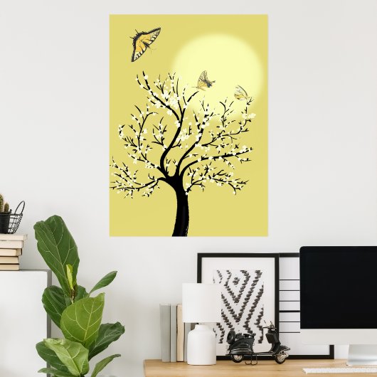 Graceful dreamy sunlit tree with butterflies  poster (Thuiskantoor)