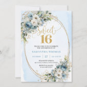 Graceful Dusty Blue Floral Sweet 16th Birthday  Kaart (Voorkant)