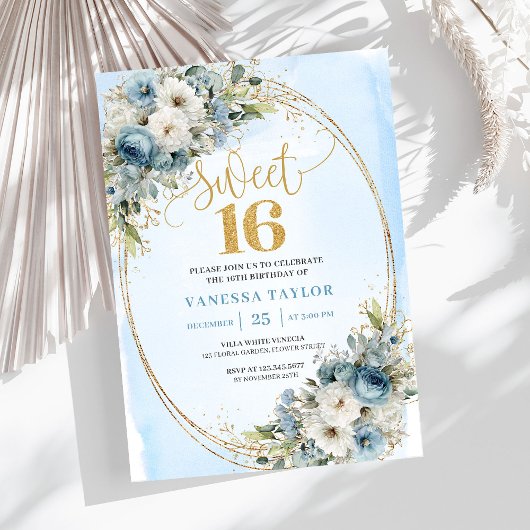 Graceful Dusty Blue Floral Sweet 16th Birthday  Kaart
