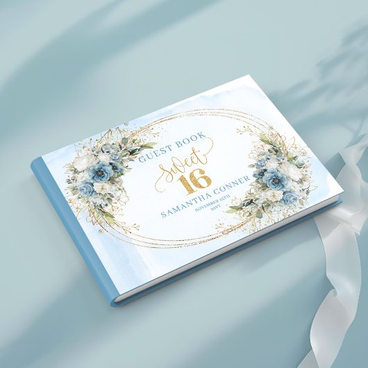 Graceful Dusty Blue Floral Sweet 16th Guest Book Gastenboek