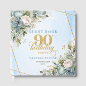 Graceful Dusty Blue Gold 90th Birthday Guest Book Gastenboek (Voorkant)