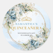 Graceful Dusty Blue Gold Greenery Quinceañera  Ronde Sticker (Voorkant)