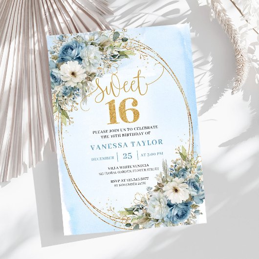 Graceful Dusty Blue Greenery Sweet Sixteen Invite Kaart