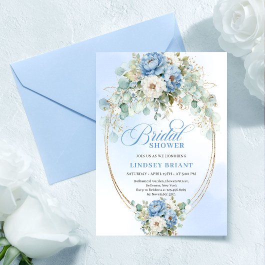 Graceful Dusty Blue Peonies Greenery Bridal Invite Kaart